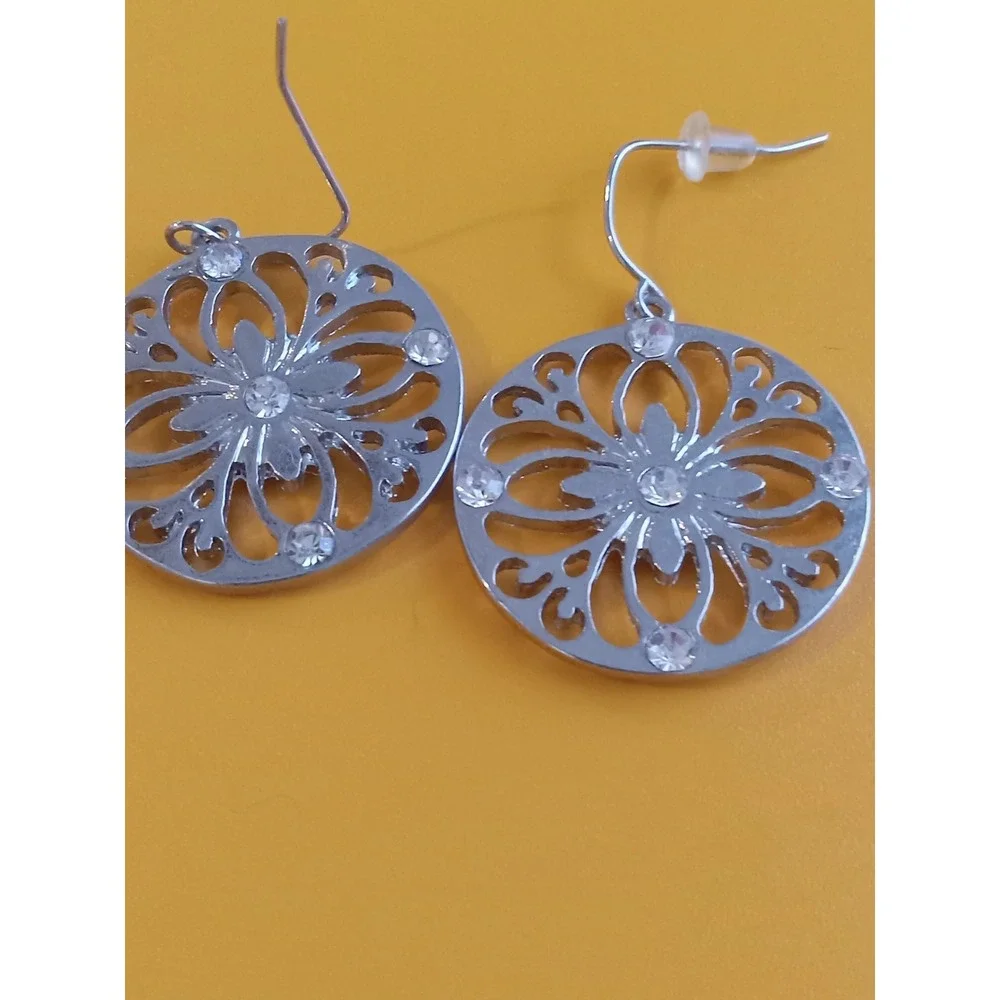 Silver Tone Filigree Mandala Drop Earrings Clear Crystal Accents Round Dangle